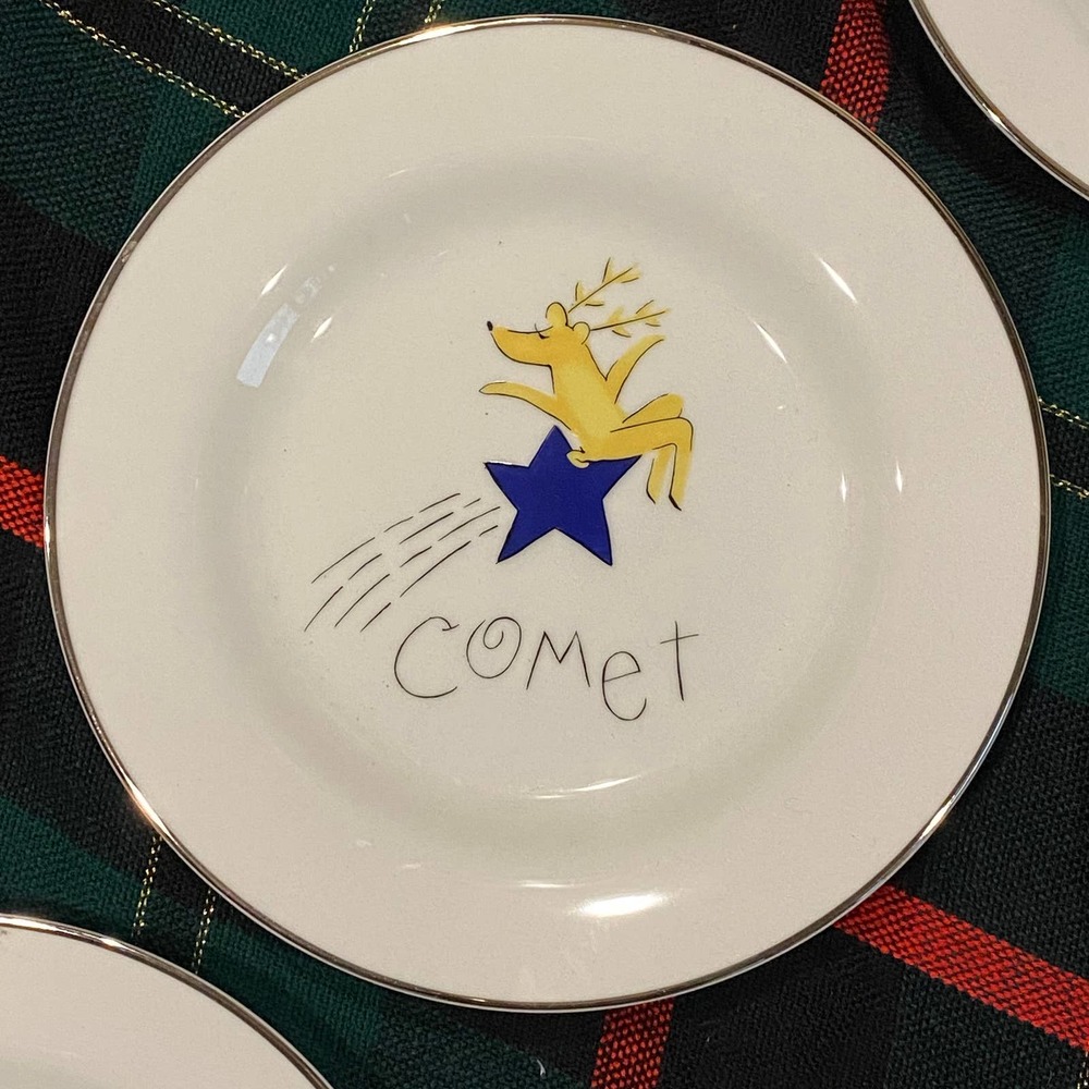 Pottery Barn REINDEER‎ COMET Salad Plates 8-1/2” White Porcelain MINT!